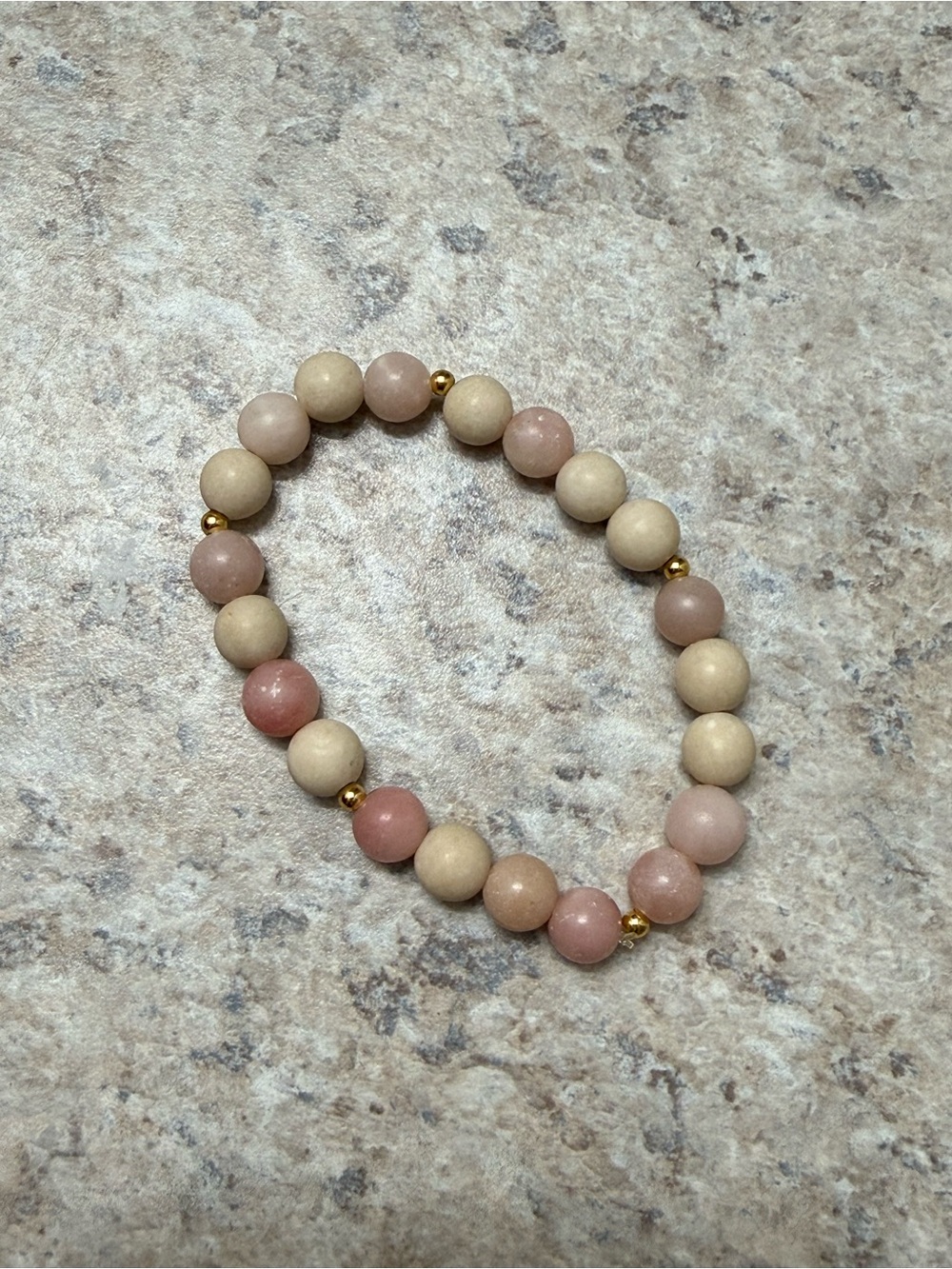 174. Pink and Cream Beaded Stretch Bracelet with Gold Accents